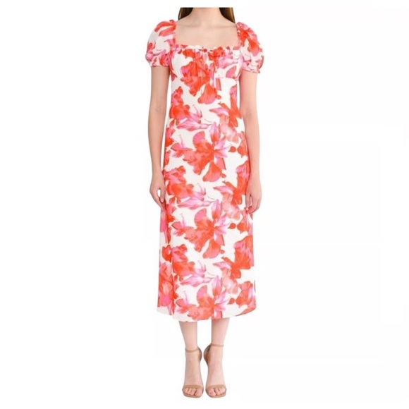 Wayf Dresses & Skirts - Wayf Orange and White Puff Sleeve Sundress